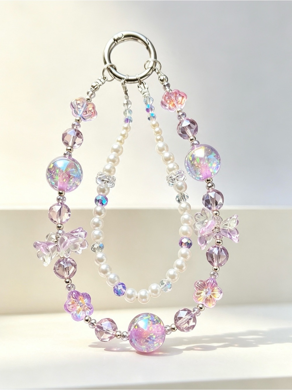 Handmade Iridescent Lavender Pearl Beaded Bracelet Keychain